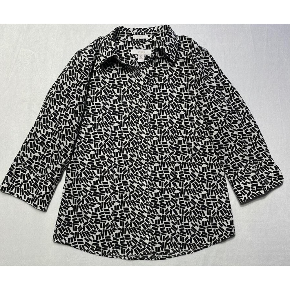 Chicos Shirt Women Size 0 Small Black White Buttons Blouse Top 3/4 Sleeve V Neck